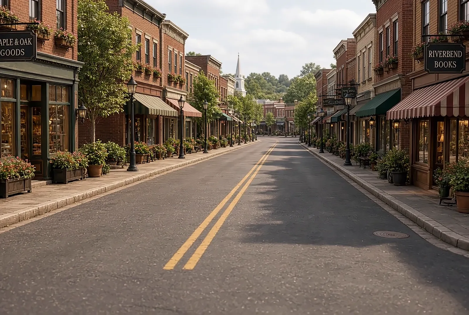 A brick-lined small-town main street with shops, awnings and street trees