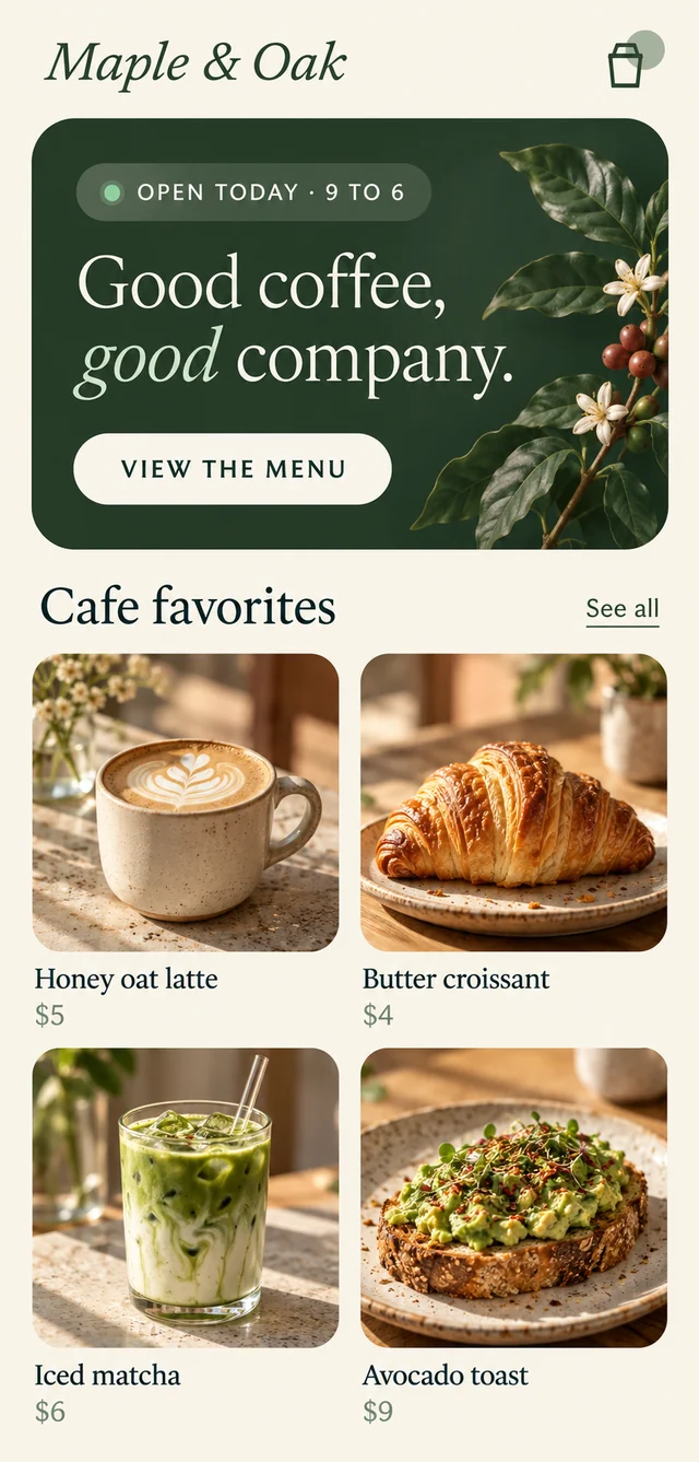 Redesigned Maple & Oak cafe site on a phone: hero and cafe favourites menu